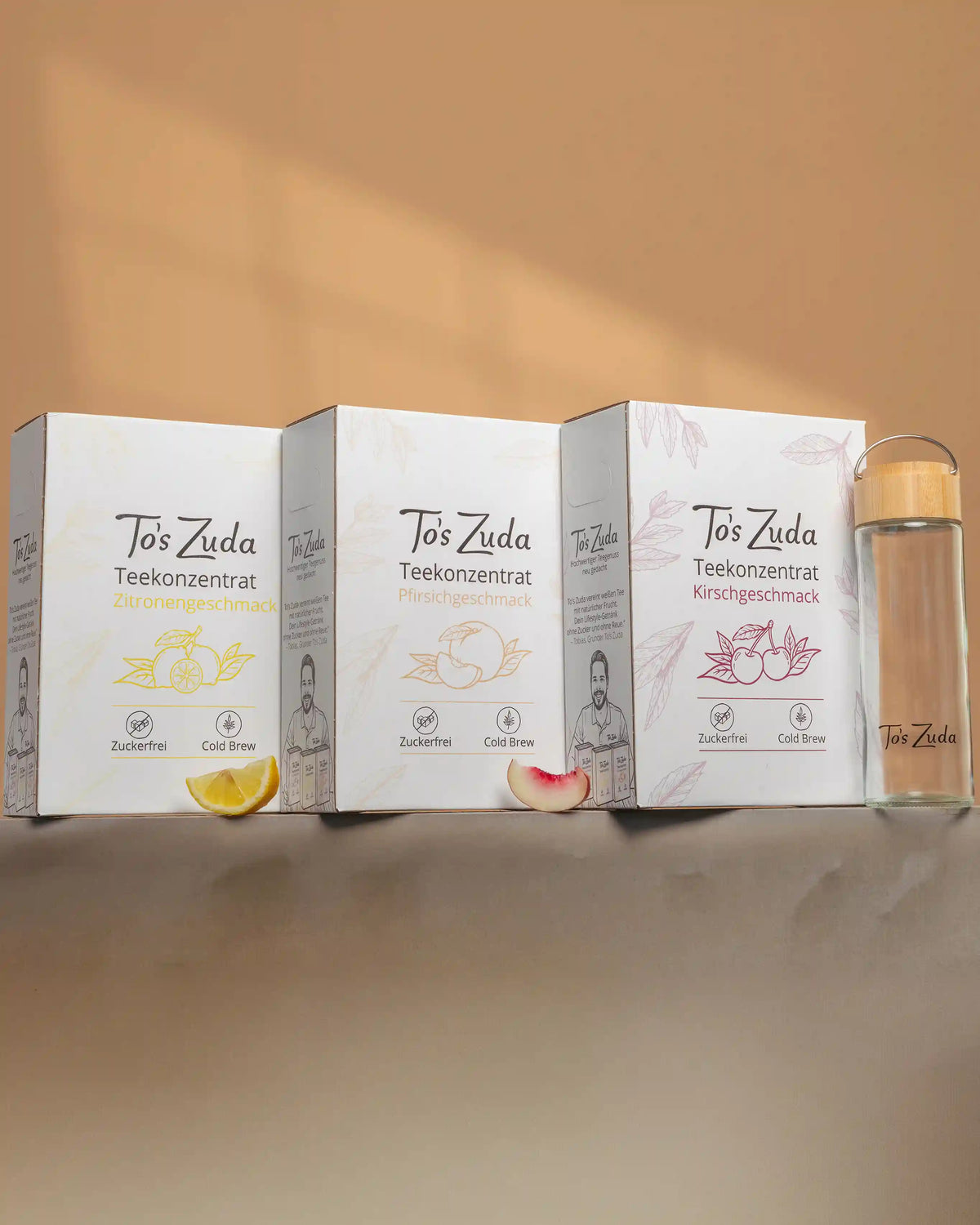 Großes Kennenlernset - To's Zuda Teekonzentrat Kirschgeschmack, Zitronengeschmack und Pfirsichgeschmack, je 1,5l + GRATIS Trinkflasche